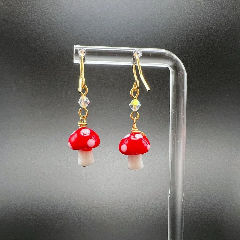 Magic Mushroom Earrings‎ AB Crystal Red White Glass Cottagecore Whimsical